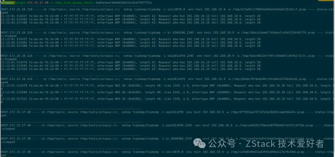 show_task_group_result, check the packet capture results and do analysis